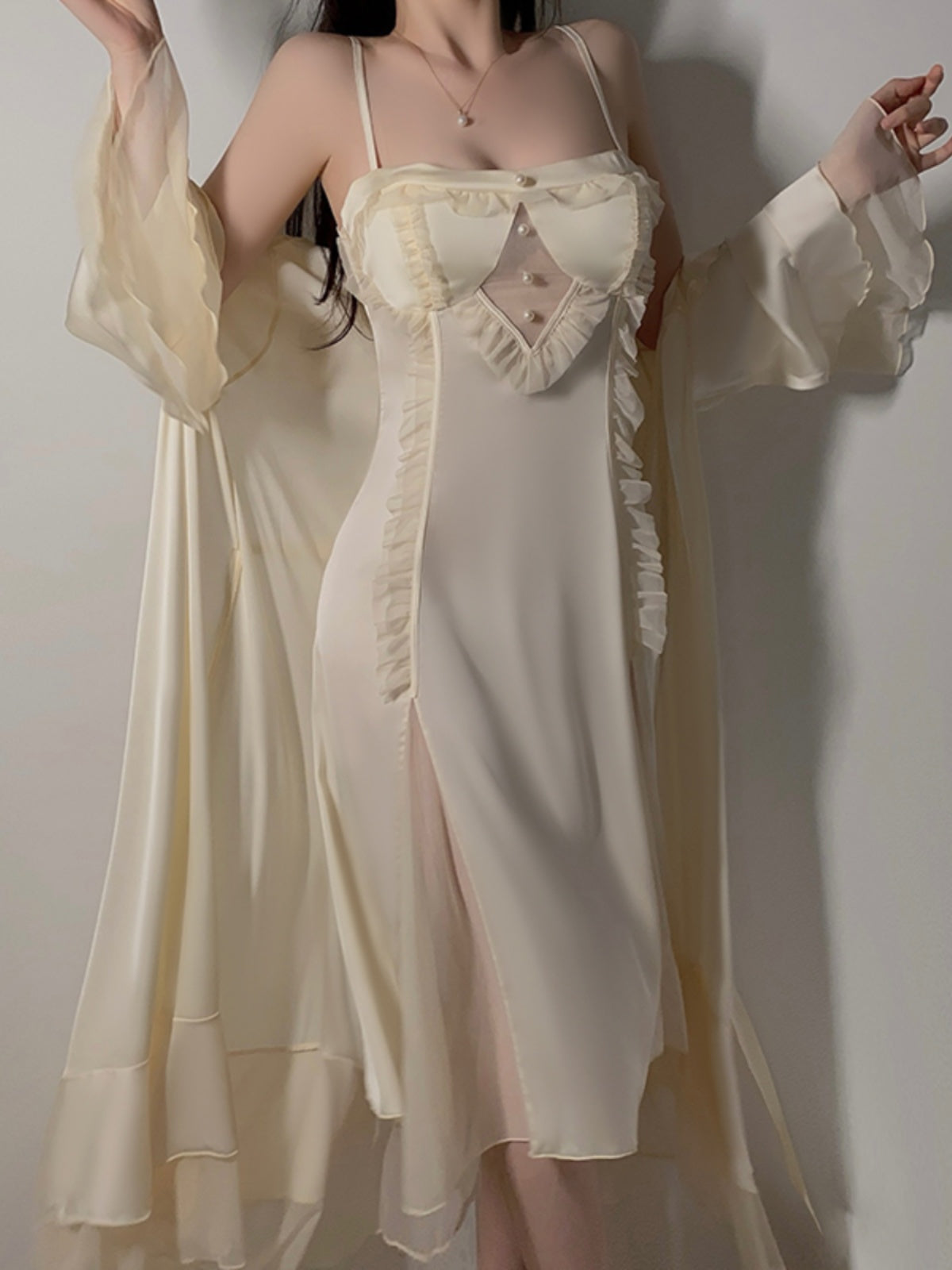 Exquisite and Graceful Cream - Colored Satin Cami Nightdress with Sheer Mesh Detailing and Flowing Matching Robe