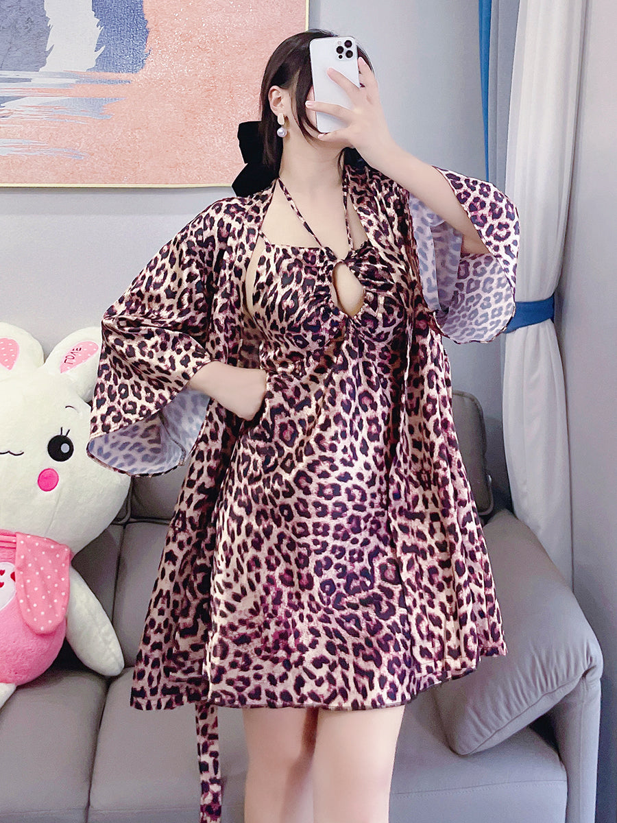 Leopard print pajamas for women plus size fat mm pure lust style sexy straps halterneck suspenders nightgown nightgown home wear two-piece set