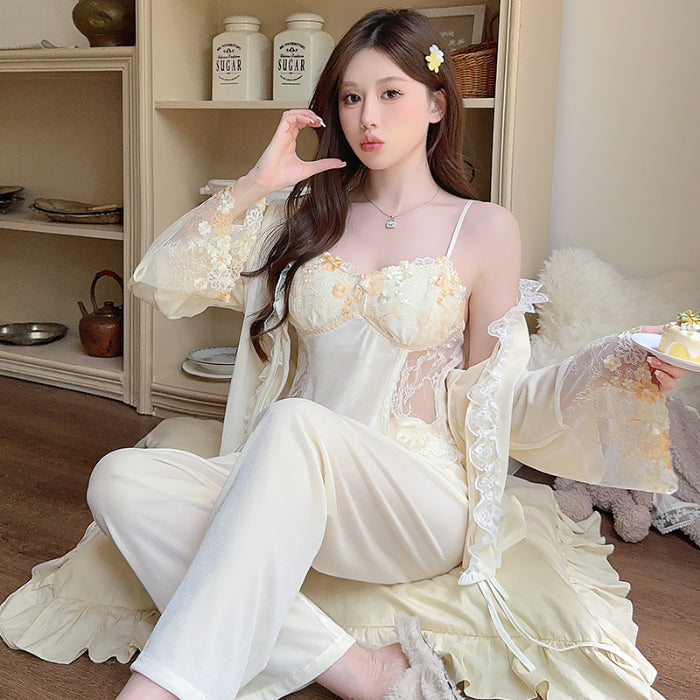 Romantic Allure Light Blue Satin and Lace Three - piece Pajama Set with Delicate Floral Details for a Dreamy Night