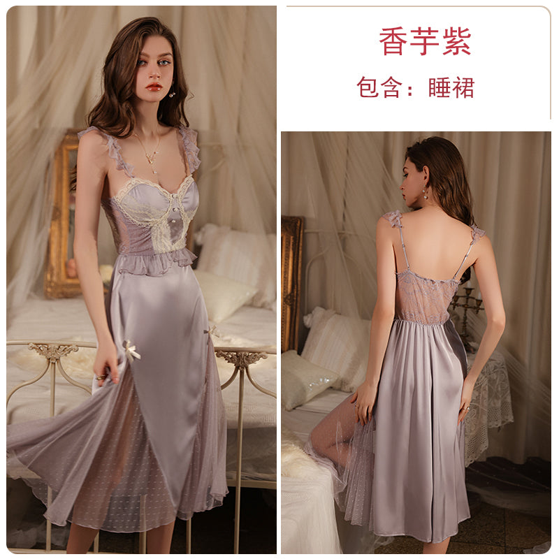 Pure lust style pajamas, feminine sheer long skirt, summer ice silk retro Gong Yan princess style sweet nightgown, home clothes