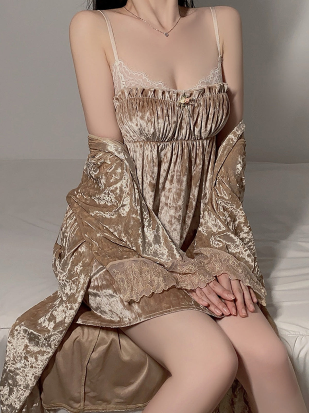 Glamorous and Graceful: Ivory Satin Babydoll with Delicate Lace Trim and Matching Long - Sleeved Robe with Lace - Paneled Cuffs Pajamas Loungewear