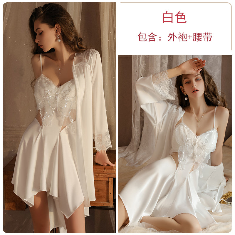 Sexy pajamas for women low-cut gathered with chest pads backless ice silk large size suspenders nightdress outer robe home clothes spring and summer