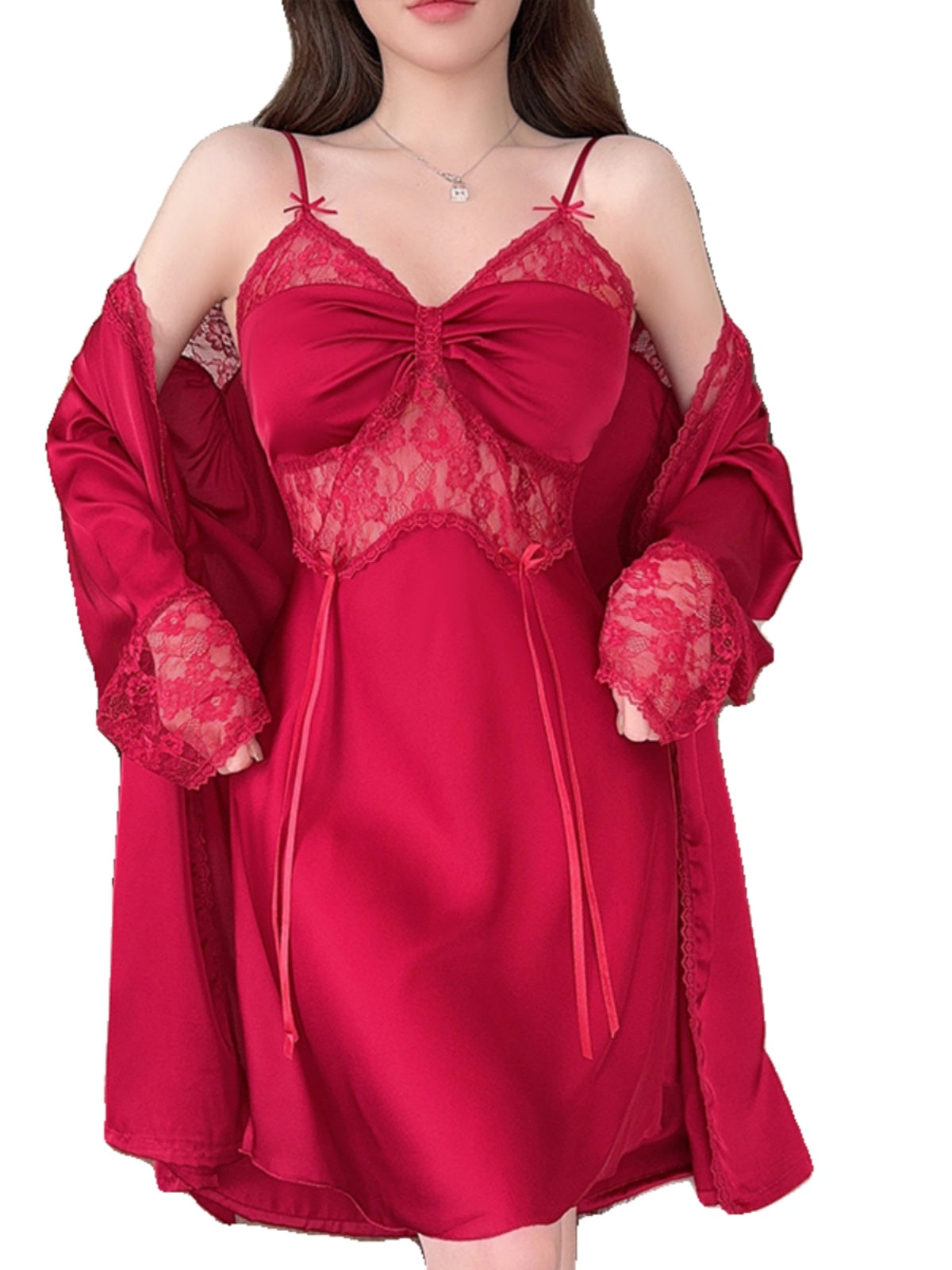 Passionate Red Satin Cami Nightdress Set with Lace Detailing and Matching Robe - Exude Elegance and Charm