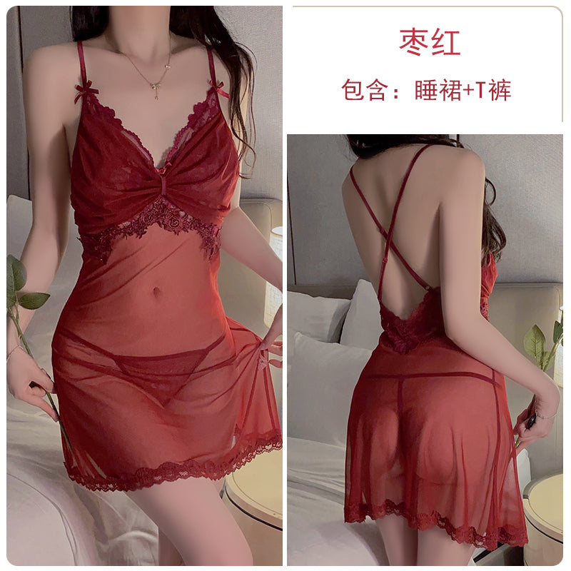 Romantic Allure: Seductive Red Sheer Lace Trimmed Camisole Nightdress with Matching Long Robe Set