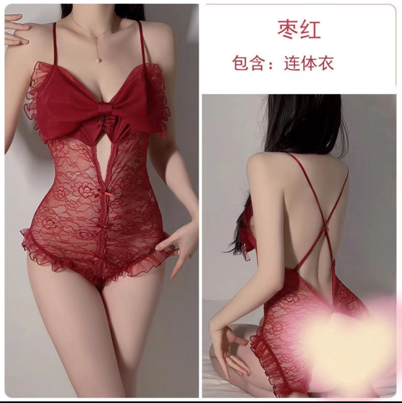 Sexy lingerie for women, pure and transparent mesh lace, bowknot, open-crotch jumpsuit, home clothes set White Lace Teddy with Bow and Ruffle Details