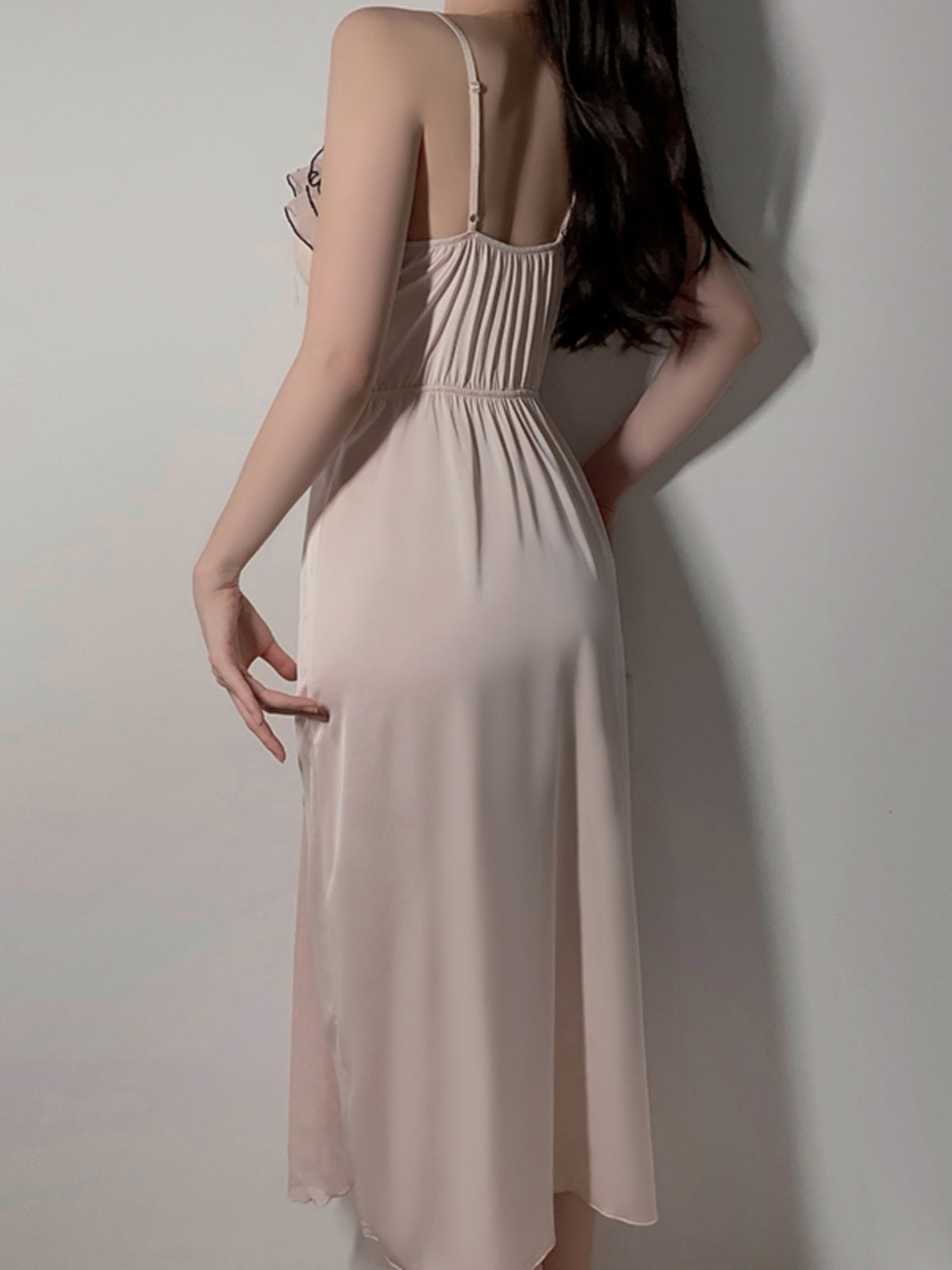 Romantic soft pink temptation, lace stitching satin nightgown with detachable tulle shawl, ruffles and lace embellishments, showing elegance and sexiness.