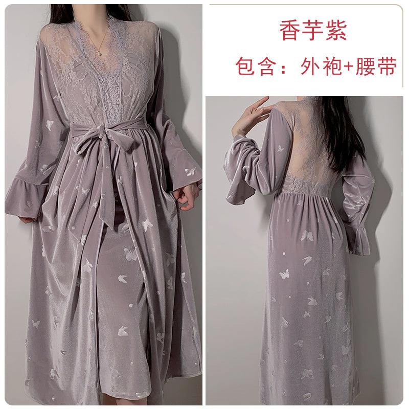 French style halter neck backless sexy pajamas for women in spring and autumn velvet pure desire with chest pad suspenders nightdress outer robe home clothes