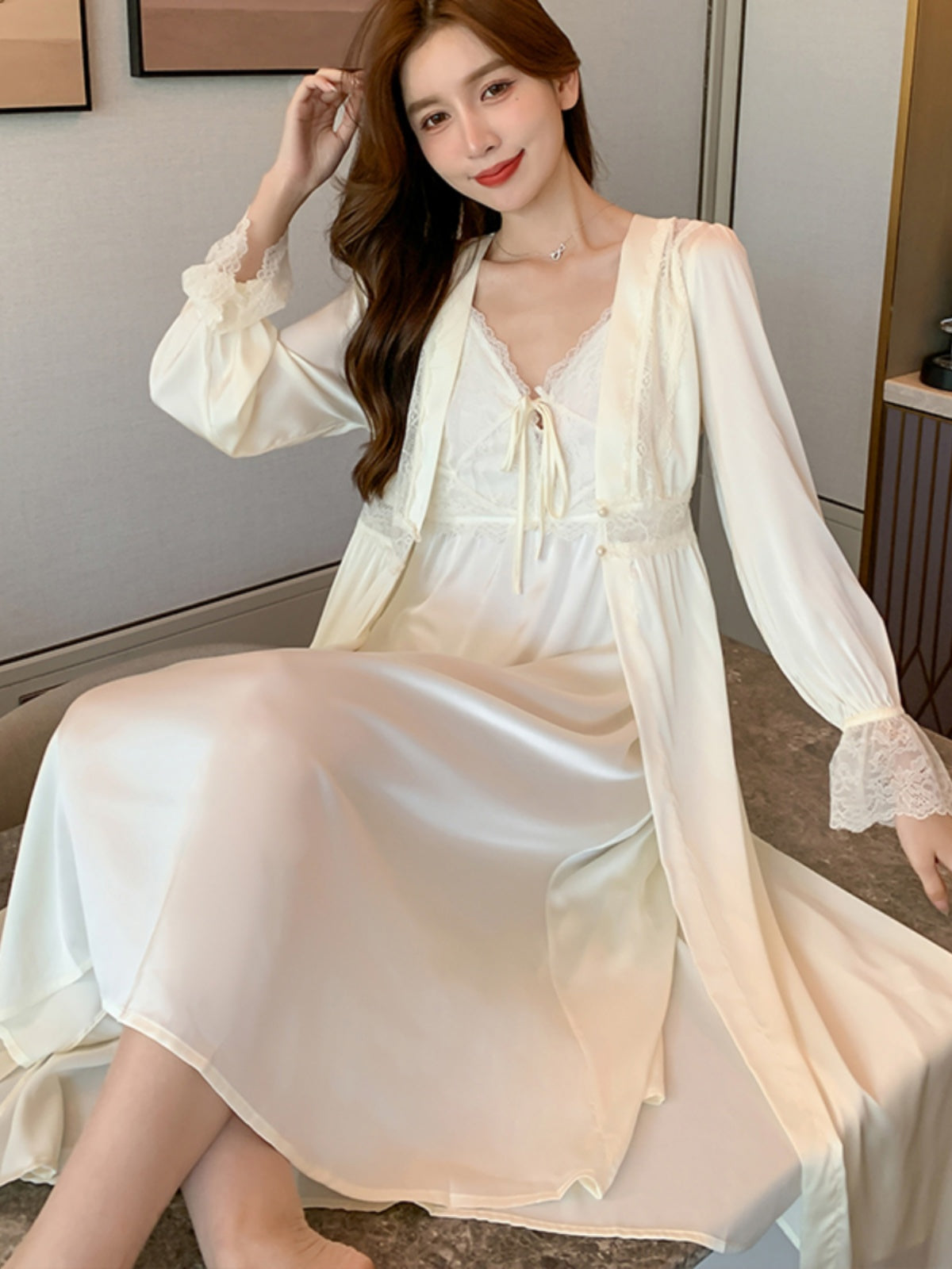 Red Pajamas for Women Spring and Summer Sexy Pure Desire With Breast Pad Wedding Suspender Nightgown Two-piece Set Ice Silk Long Style Women