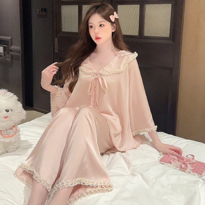 Pure desire style pajamas for women spring and autumn new style ice silk long-sleeved home clothes sweet lace palace style suit