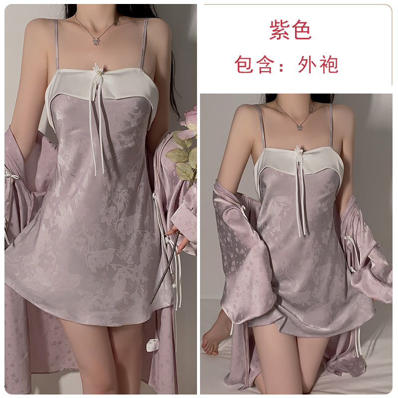 Light luxury pure lust style pajamas for women, sweet retro jacquard ice silk sexy backless suspender nightgown, home wear