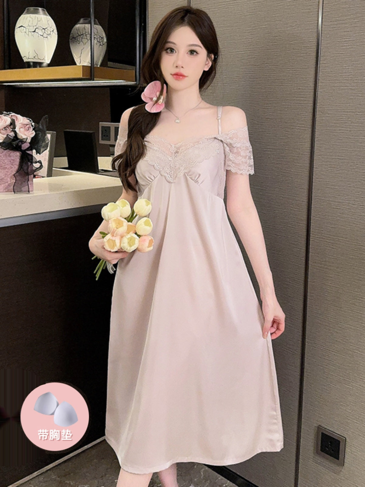 Sexy pajamas women summer ice silk light luxury palace extended style with chest pad lace suspender nightdress new spring and autumn style
