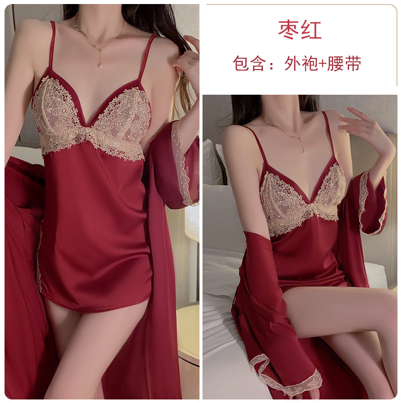 French sexy pajamas for women summer ice silk pure desire backless lace suspender nightgown home wear spring and autumn new style