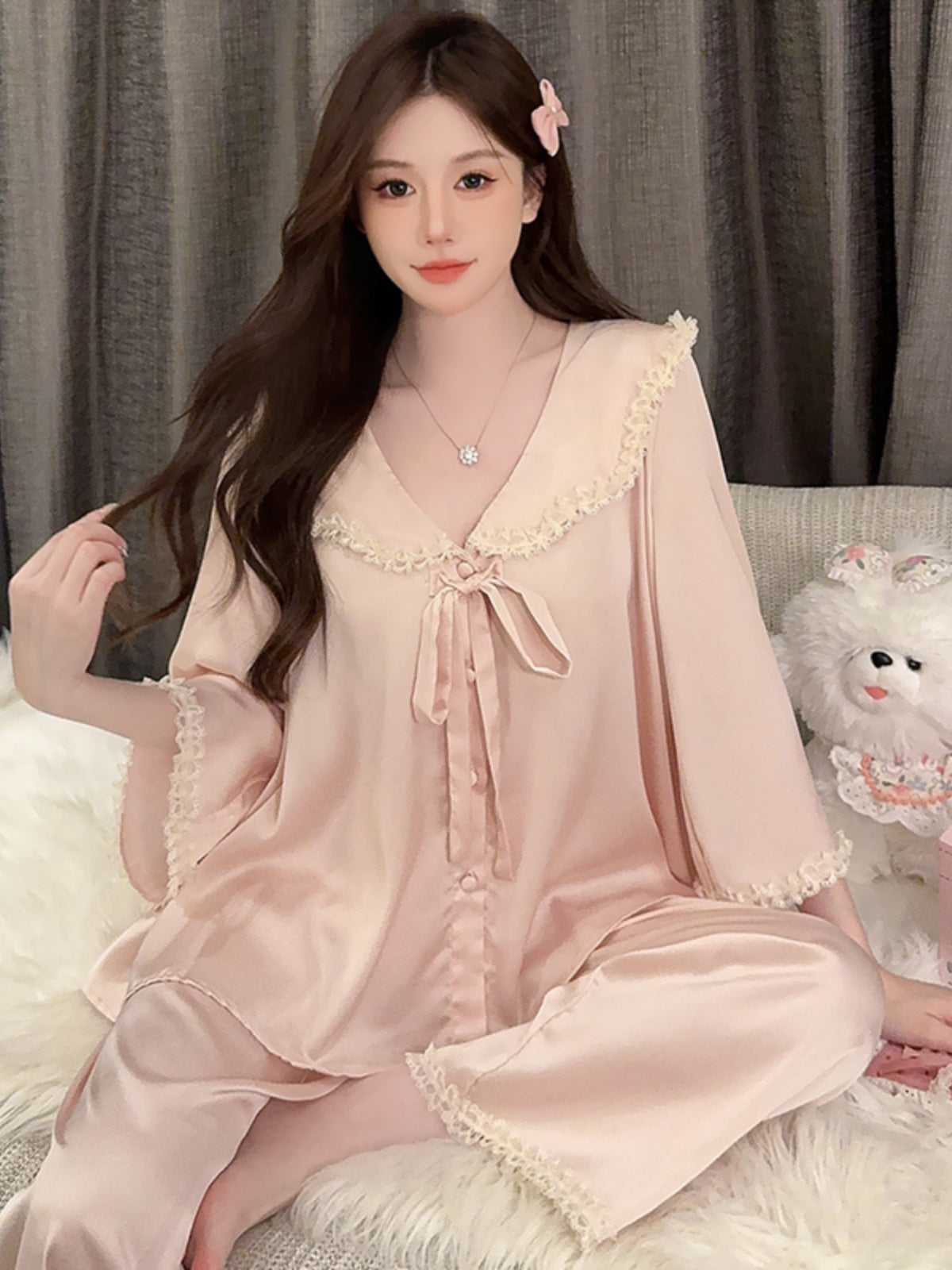 Pure desire style pajamas for women spring and autumn new style ice silk long-sleeved home clothes sweet lace palace style suit