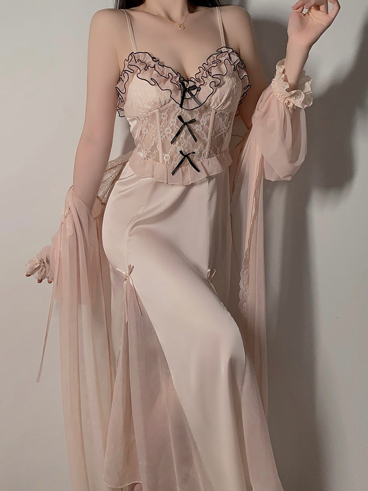 Romantic soft pink temptation, lace stitching satin nightgown with detachable tulle shawl, ruffles and lace embellishments, showing elegance and sexiness.