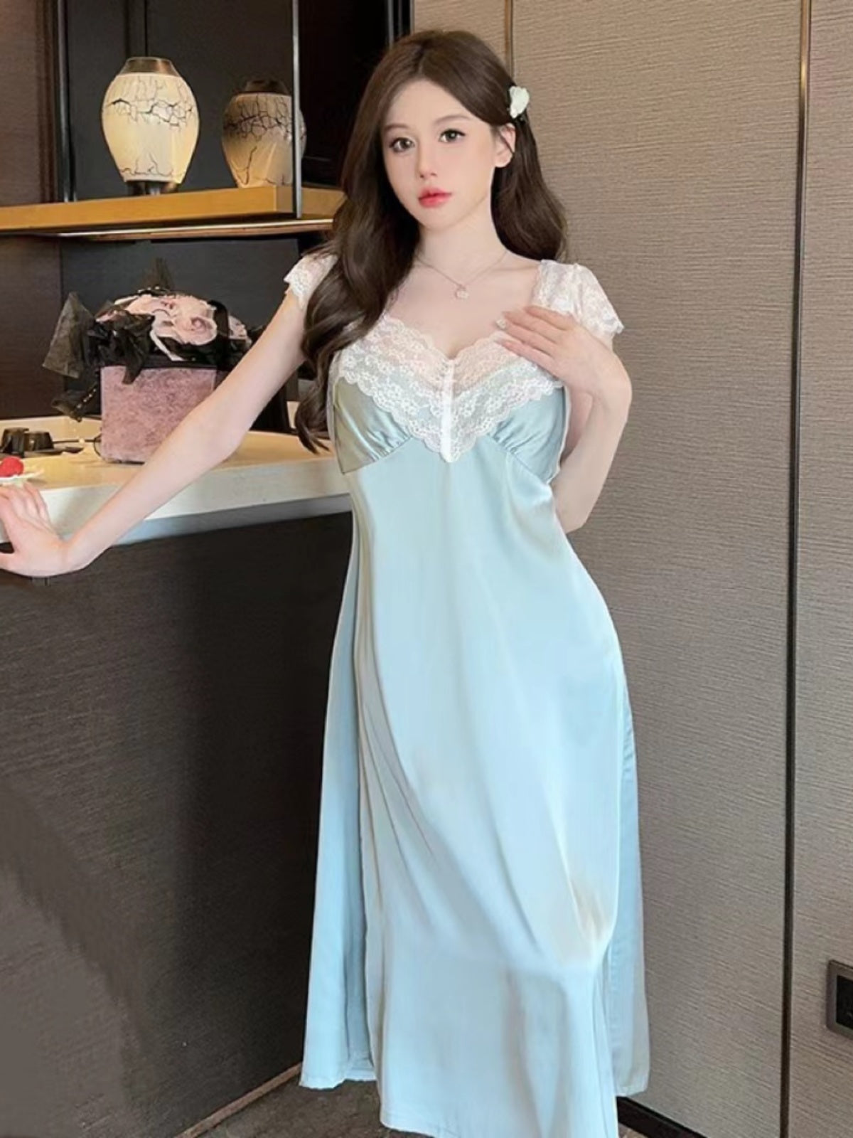 Sexy pajamas women summer ice silk light luxury palace extended style with chest pad lace suspender nightdress new spring and autumn style