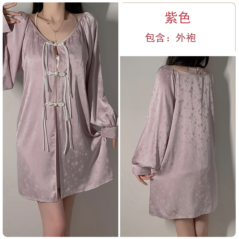 Chinese style retro jacquard pajamas female lace halter neck suspender nightdress summer with chest pad ice silk home clothes