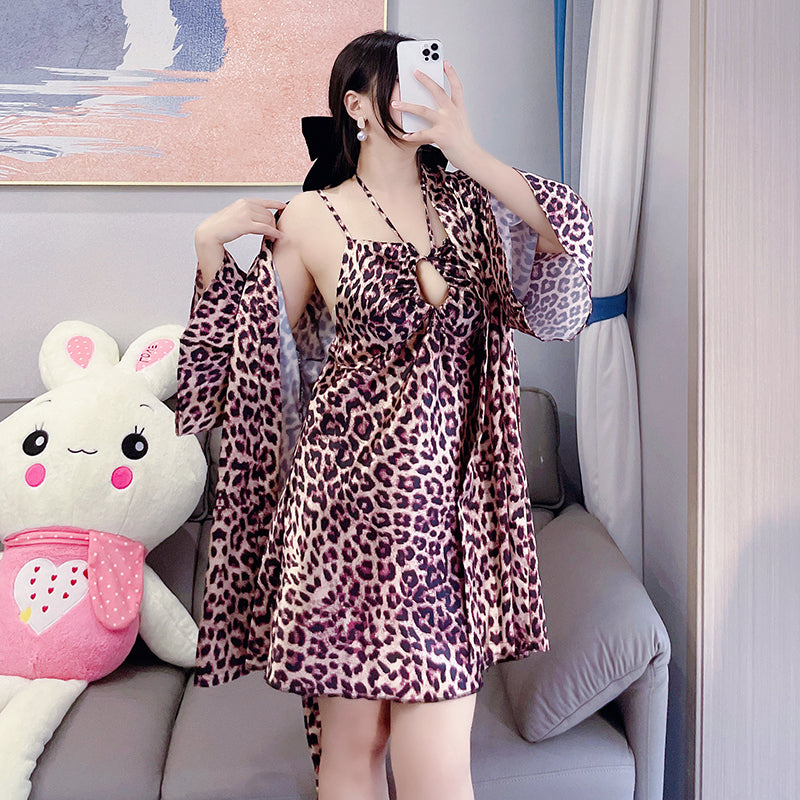 Leopard print pajamas for women plus size fat mm pure lust style sexy straps halterneck suspenders nightgown nightgown home wear two-piece set
