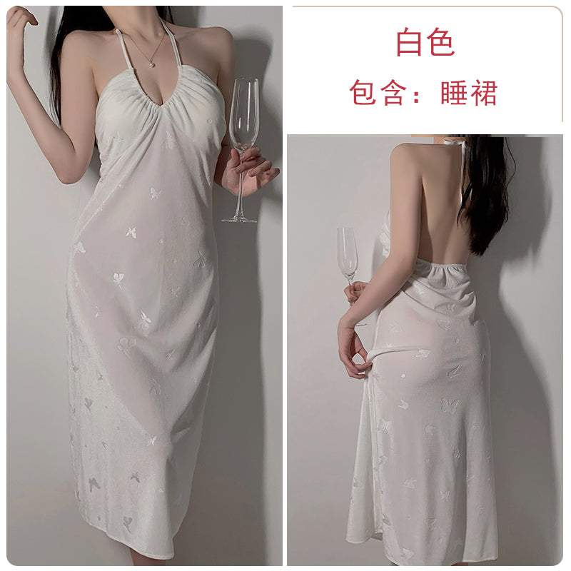 French style halter neck backless sexy pajamas for women in spring and autumn velvet pure desire with chest pad suspenders nightdress outer robe home clothes