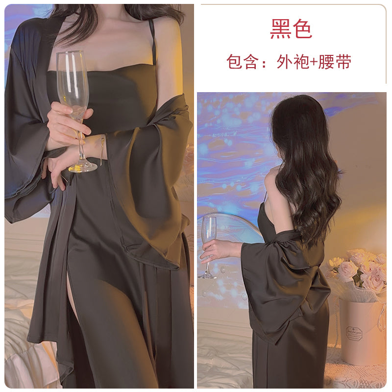 Passionate Allure Sultry Scarlet Satin Cami Nightdress with High - Slit Detail and Coordinating Robe for a Luxurious Loungewear Experience