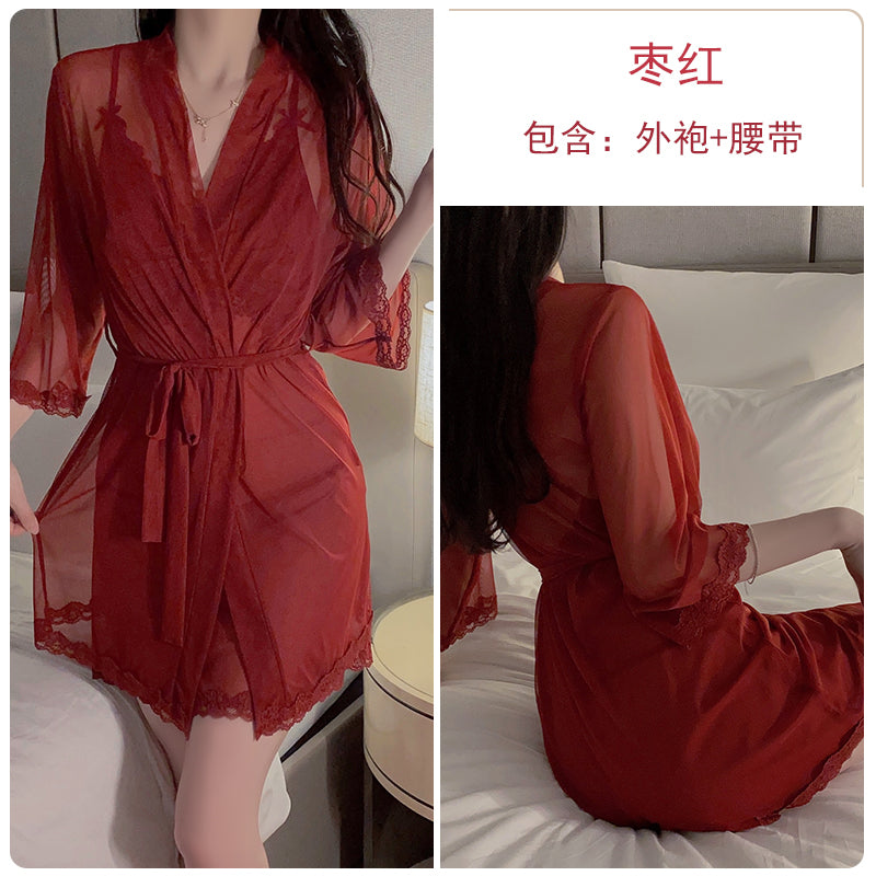 Romantic Allure: Seductive Red Sheer Lace Trimmed Camisole Nightdress with Matching Long Robe Set