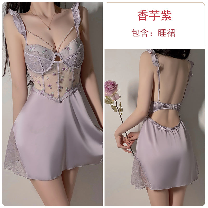 Enchanting Lavender Dream Floral - Embroidered Lace and Satin Babydoll Nightdress with Pearl Accents