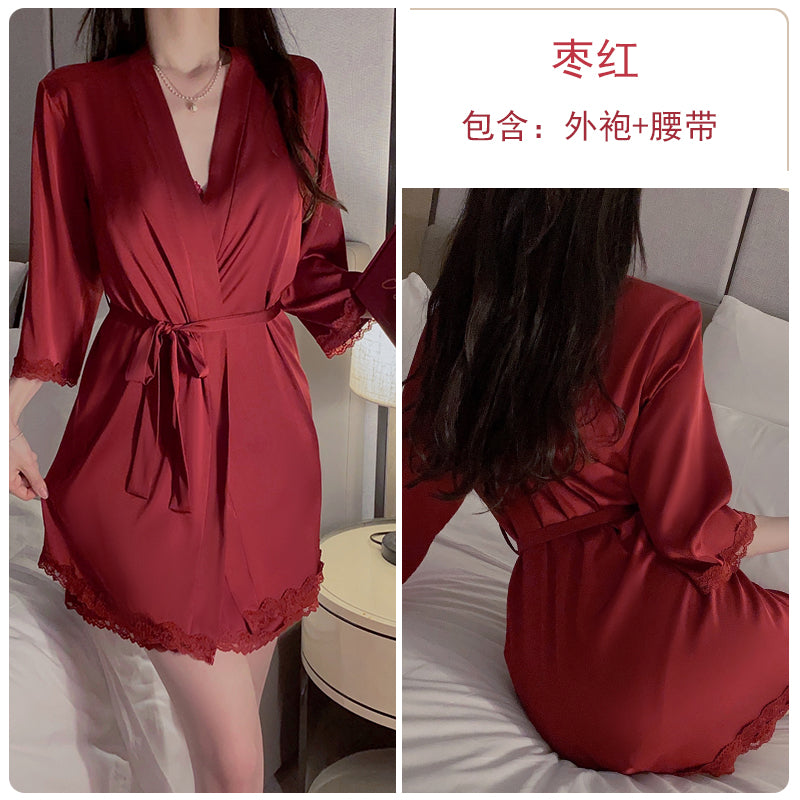 Romantic Allure: Seductive Red Sheer Lace Trimmed Camisole Nightdress with Matching Long Robe Set