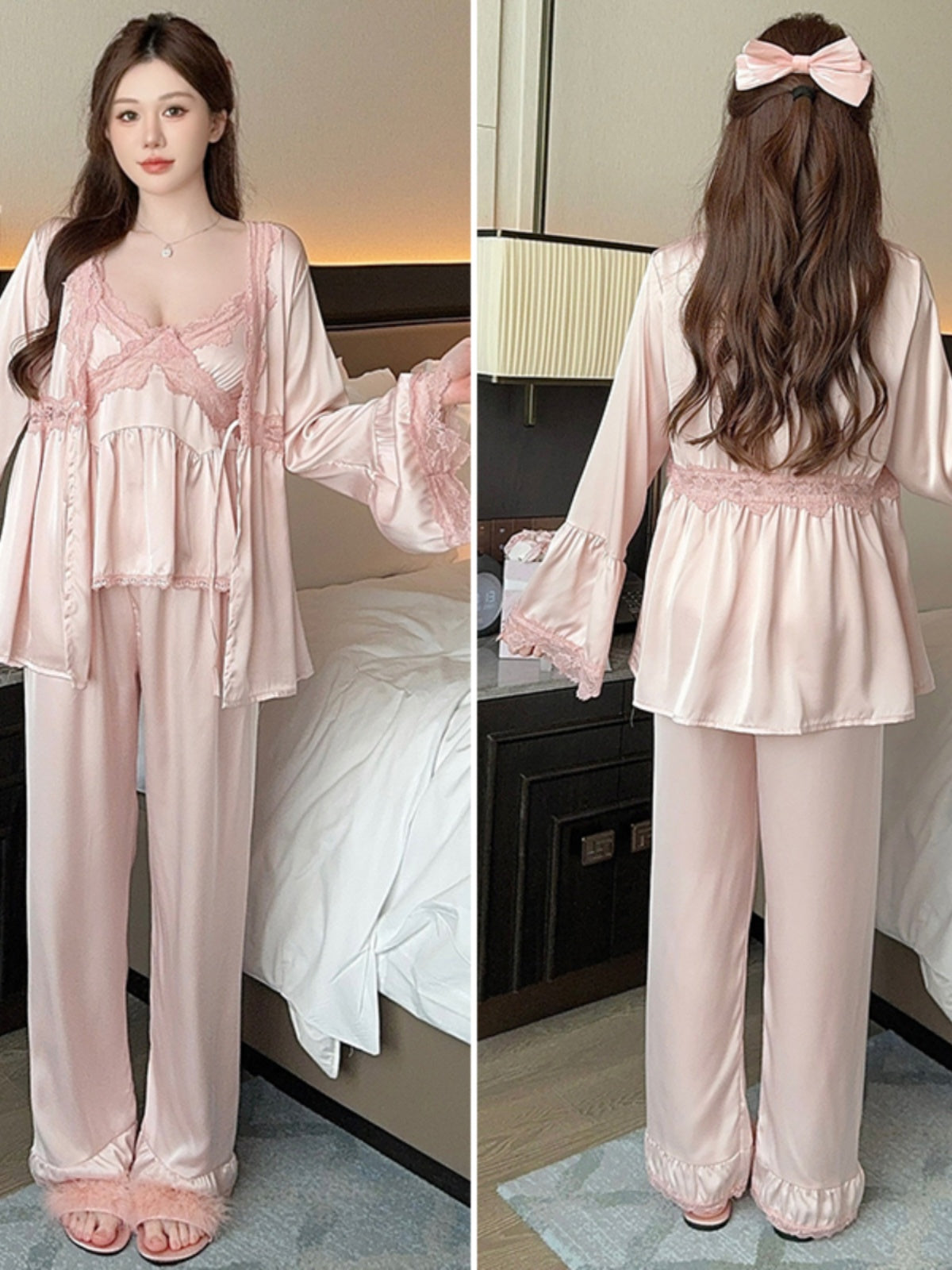 Alluring and Soft: Pink Satin Lingerie Ensemble with Deep V - neck Lace - Trimmed Cami, Flowy Lace - Cuffed Outer Blouse, and Matching Lace - Hemmed Pants