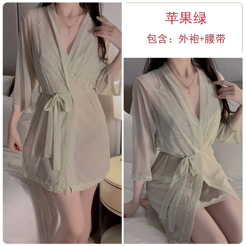 Romantic Allure: Seductive Red Sheer Lace Trimmed Camisole Nightdress with Matching Long Robe Set