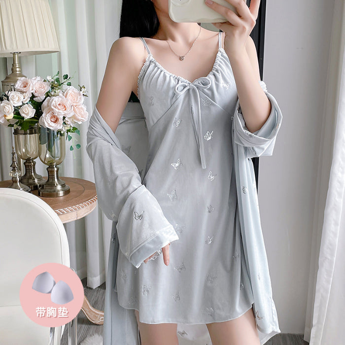Gold velvet pajamas women autumn and winter sexy hollow hot silver butterfly suspenders chest pad nightdress long-sleeved nightgown home clothes