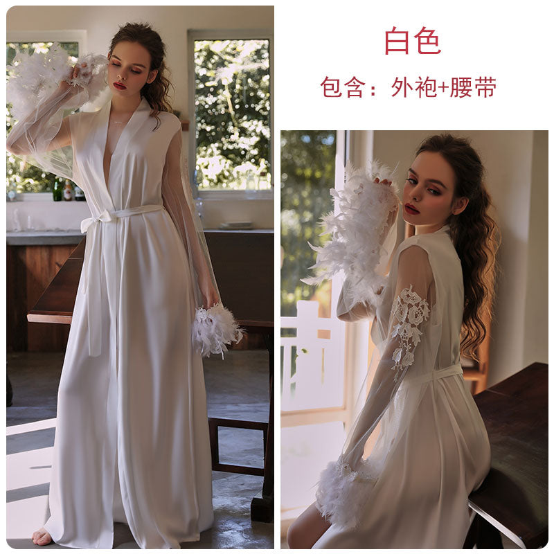 Exquisite and Alluring: Long - Length White Satin Robe with Sheer Chiffon Feather - Embellished Sleeves, Deep V - neck, and Side Slit