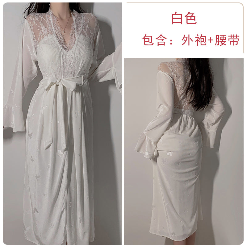 French style halter neck backless sexy pajamas for women in spring and autumn velvet pure desire with chest pad suspenders nightdress outer robe home clothes