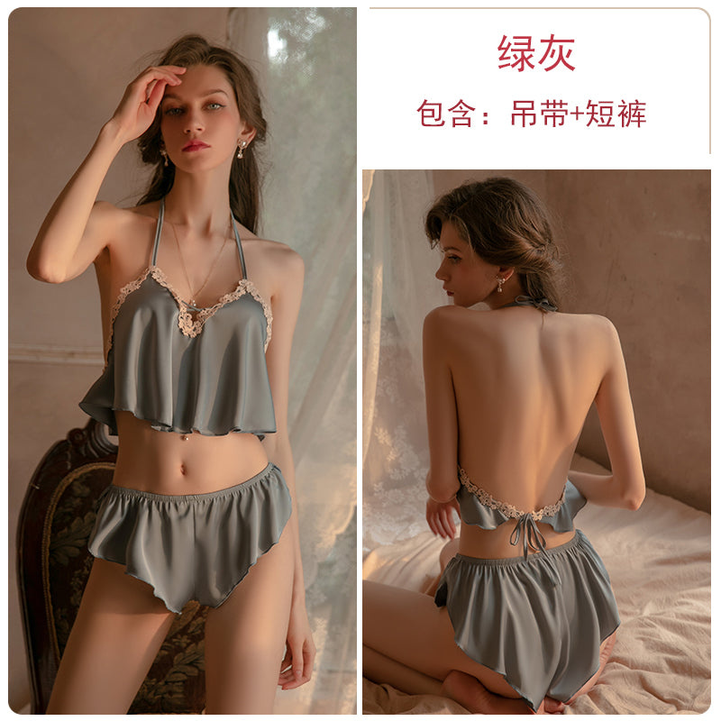 Sexy deep V lace pajamas for women in summer with small chest and large size in spring and autumn thin ice silk backless suspender shorts home clothes