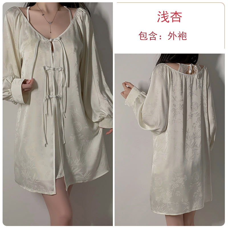 Chinese style retro jacquard pajamas female lace halter neck suspender nightdress summer with chest pad ice silk home clothes