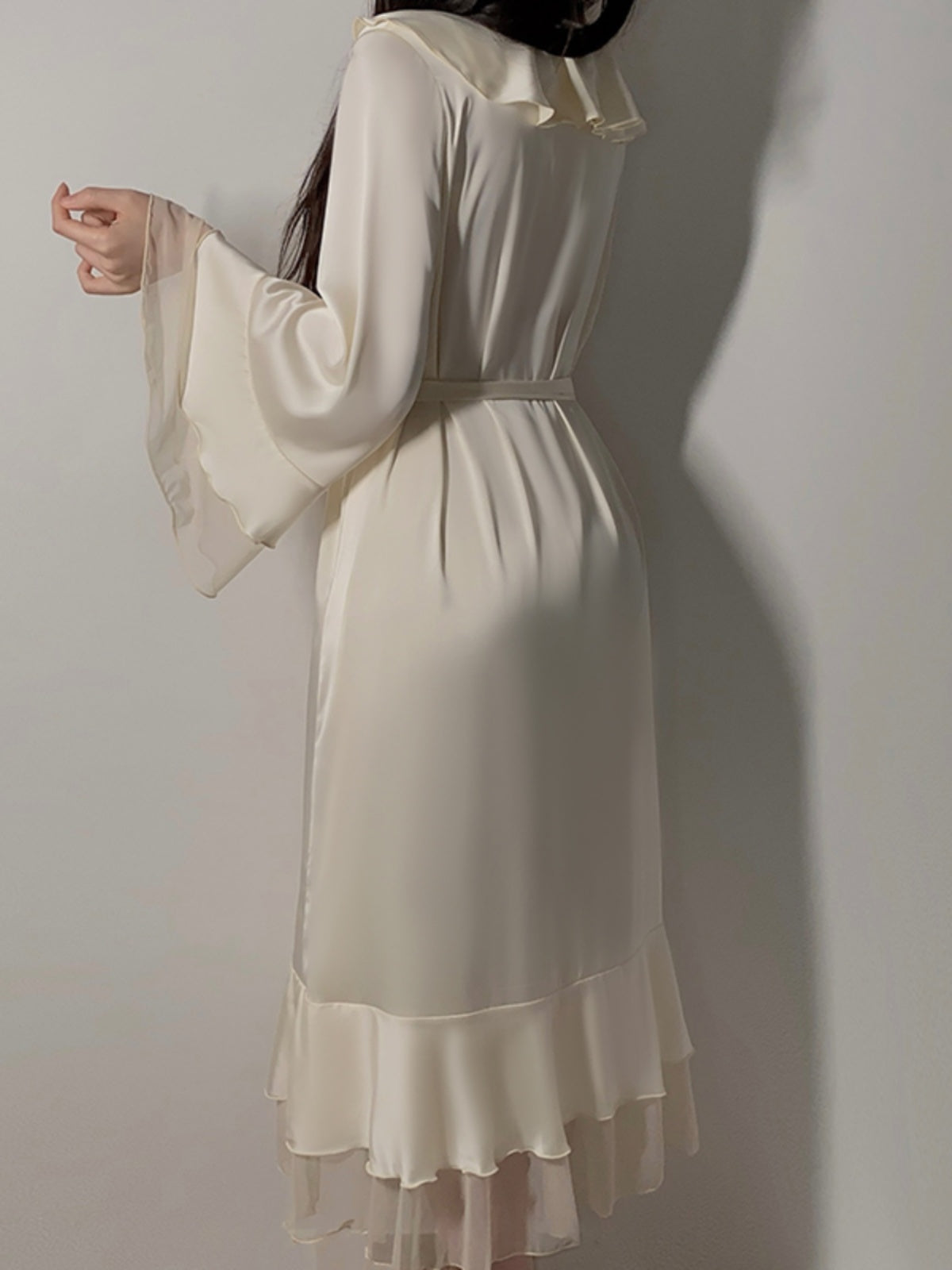 Exquisite and Graceful Cream - Colored Satin Cami Nightdress with Sheer Mesh Detailing and Flowing Matching Robe