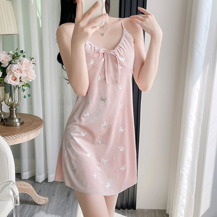 Gold velvet pajamas women autumn and winter sexy hollow hot silver butterfly suspenders chest pad nightdress long-sleeved nightgown home clothes