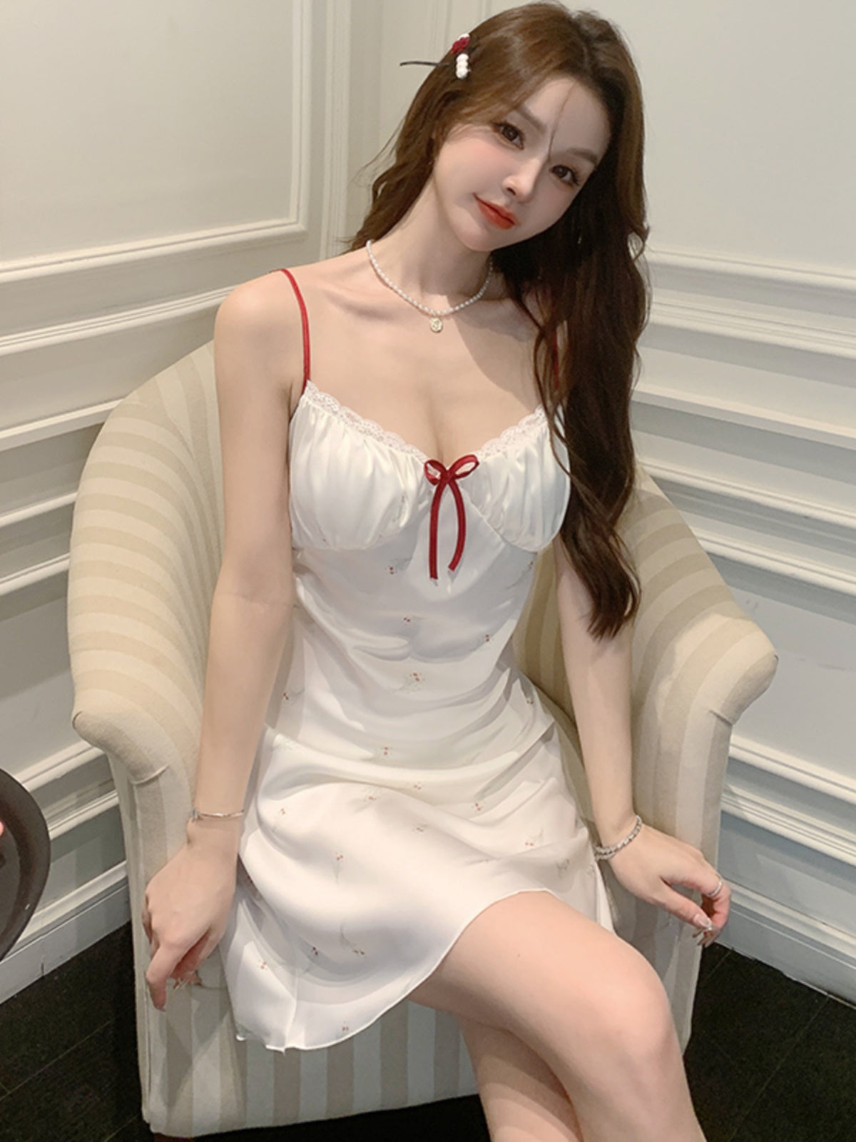 New summer hollow sling pajamas female pure desire style girl vacation sweet floral ice silk nightdress