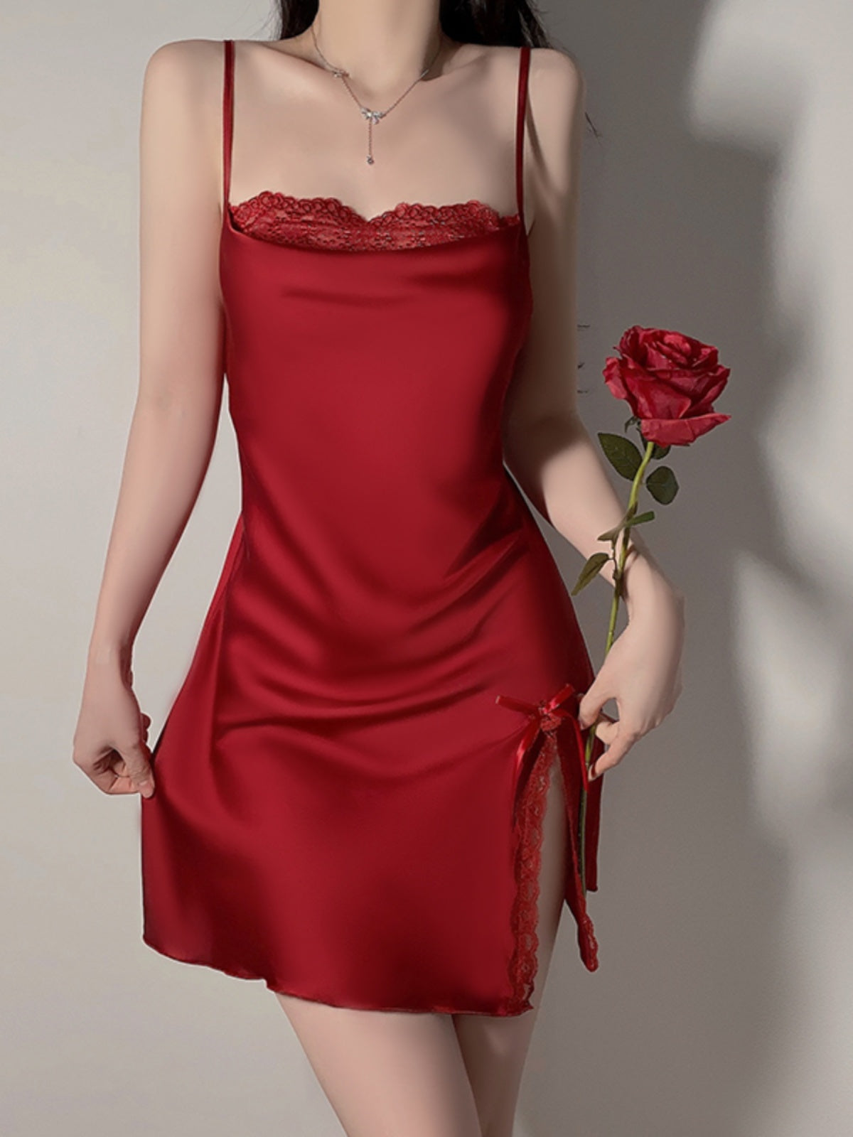 Sexy slit double-layer swing collar lace pajamas women summer French simple outer robe ice silk suspenders nightdress home clothes