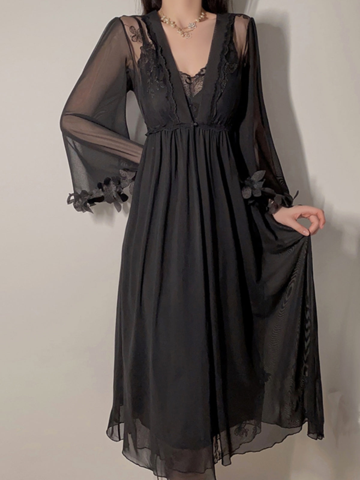 Sexy pajamas for women pure desire mesh temptation with chest pads gathered long suspender nightdress outer robe home clothes spring and summer