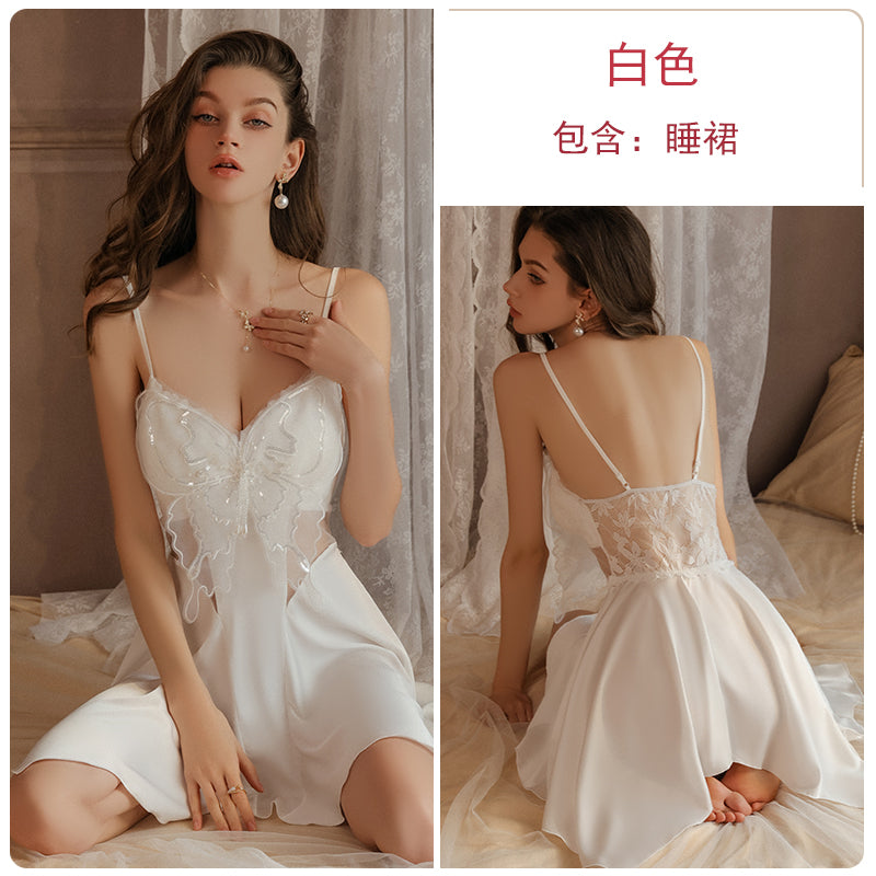 Sexy pajamas for women low-cut gathered with chest pads backless ice silk large size suspenders nightdress outer robe home clothes spring and summer