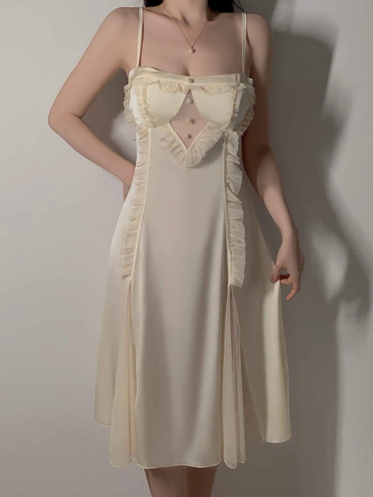 Exquisite and Graceful Cream - Colored Satin Cami Nightdress with Sheer Mesh Detailing and Flowing Matching Robe