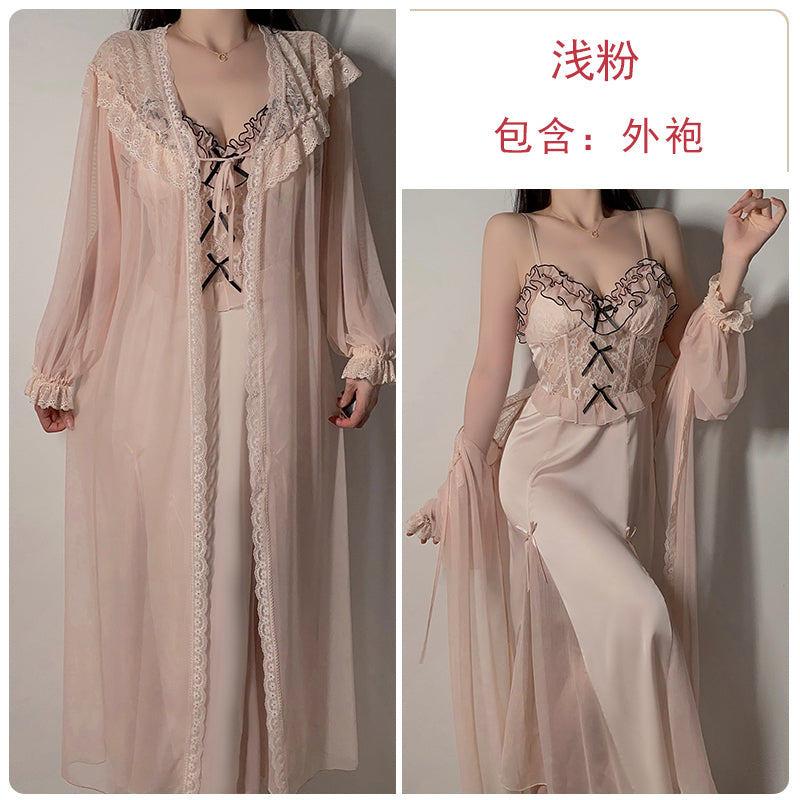 Romantic soft pink temptation, lace stitching satin nightgown with detachable tulle shawl, ruffles and lace embellishments, showing elegance and sexiness.