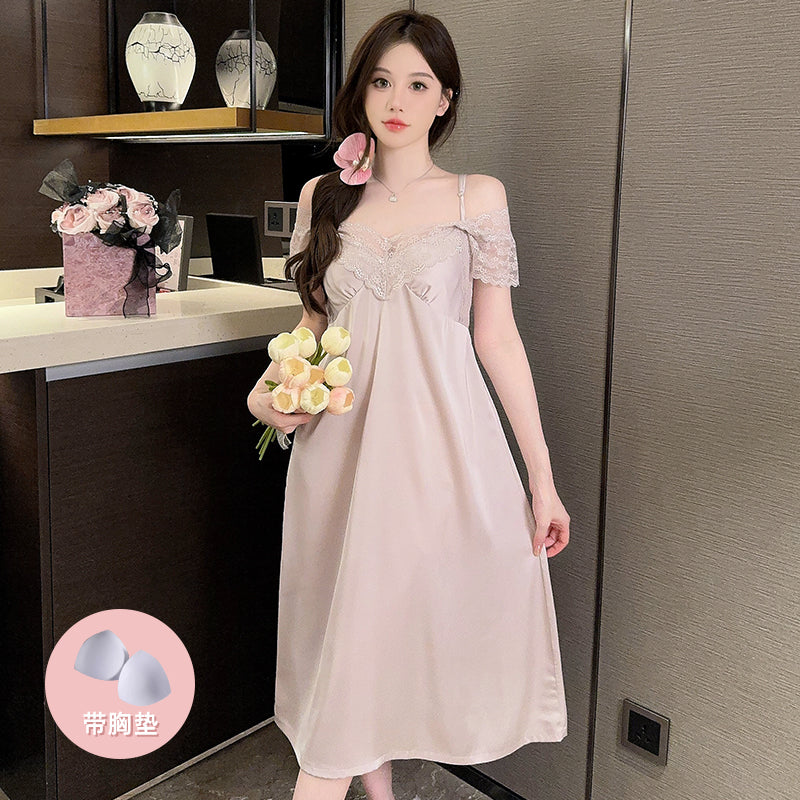 Sexy pajamas women summer ice silk light luxury palace extended style with chest pad lace suspender nightdress new spring and autumn style
