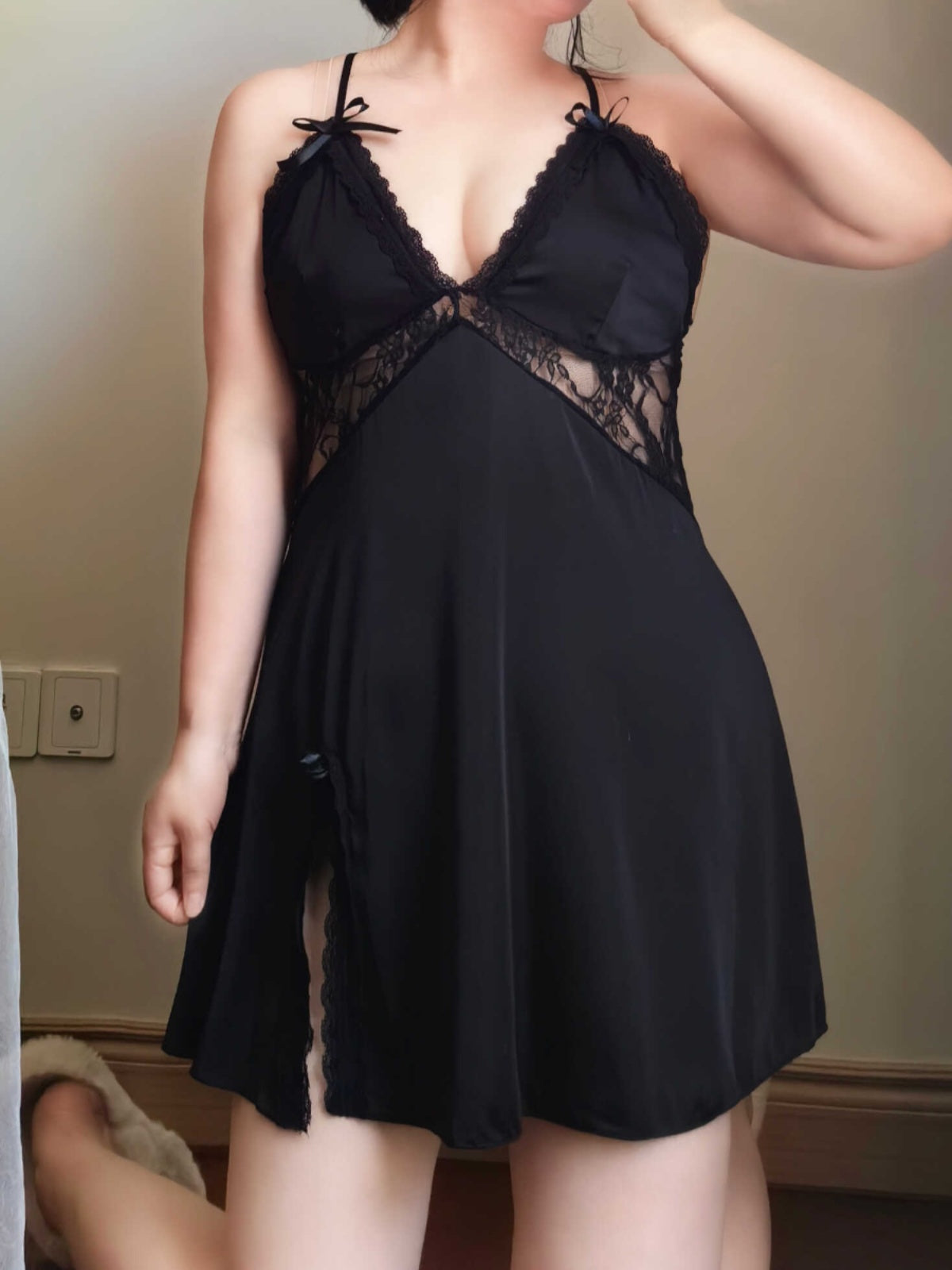 Large size sexy pajamas women's new home clothes fat mm 200 pounds ice silk satin beautiful back suspender nightgown sexy underwear