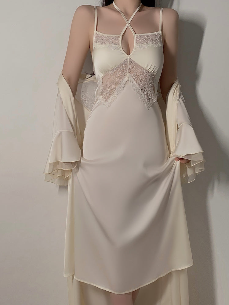 Alluring and Graceful: Flesh - toned Satin Lingerie Dress with Exquisite Lace Inserts, Cross - Halter Design, Paired with a Flowy Long Robe