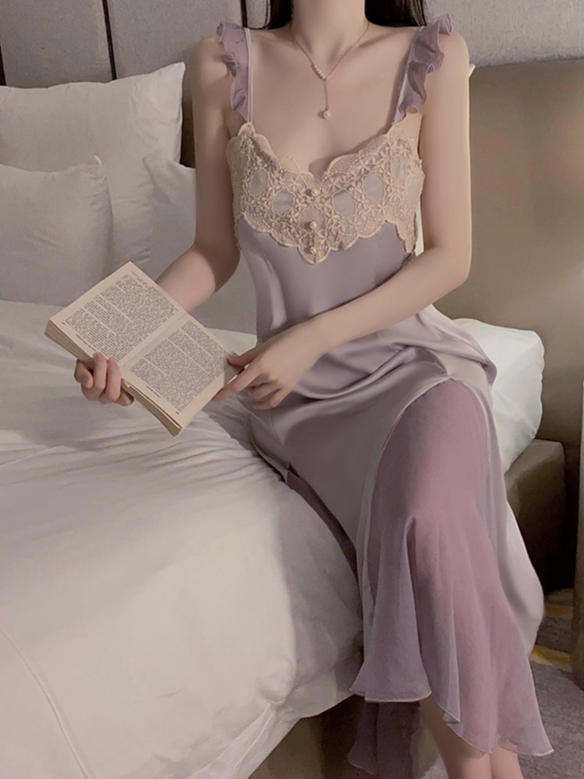French satin pajamas, feminine lace sheer nightgown with breast pads, slim long suspender dress, home wear