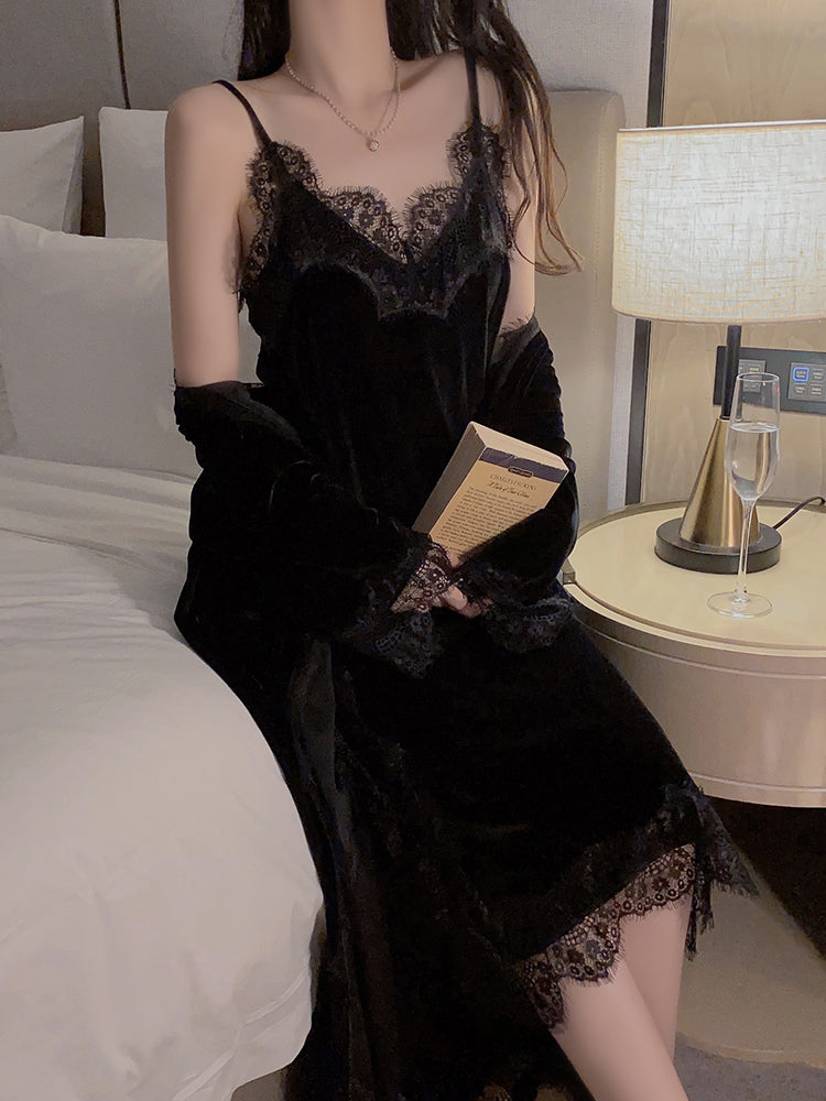 Glamorous Black Velvet Cami Nightgown with Exquisite Lace Detailing and Matching Robe - Ideal for Elegant Relaxation