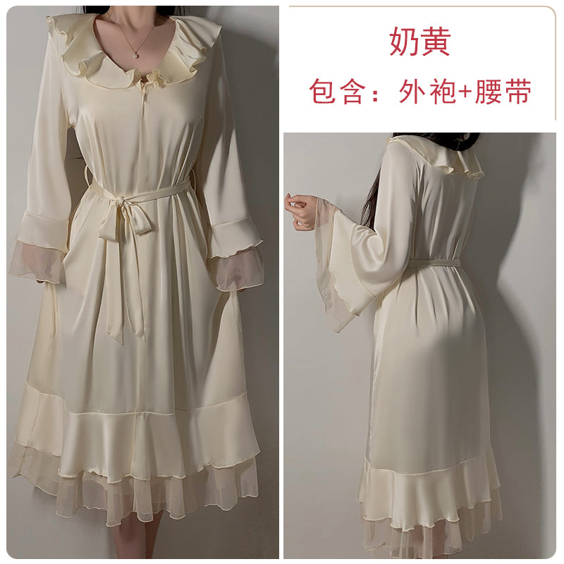 Exquisite and Graceful Cream - Colored Satin Cami Nightdress with Sheer Mesh Detailing and Flowing Matching Robe