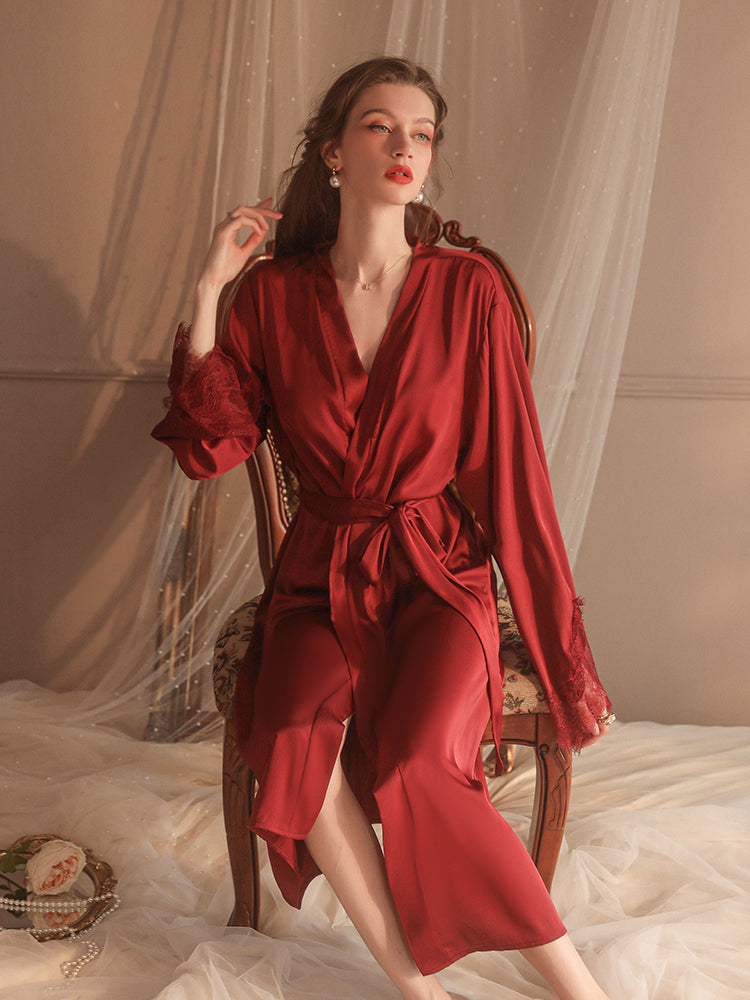 Luxurious Red Satin Robe with Lace Detailing – Elegant Sleepwear