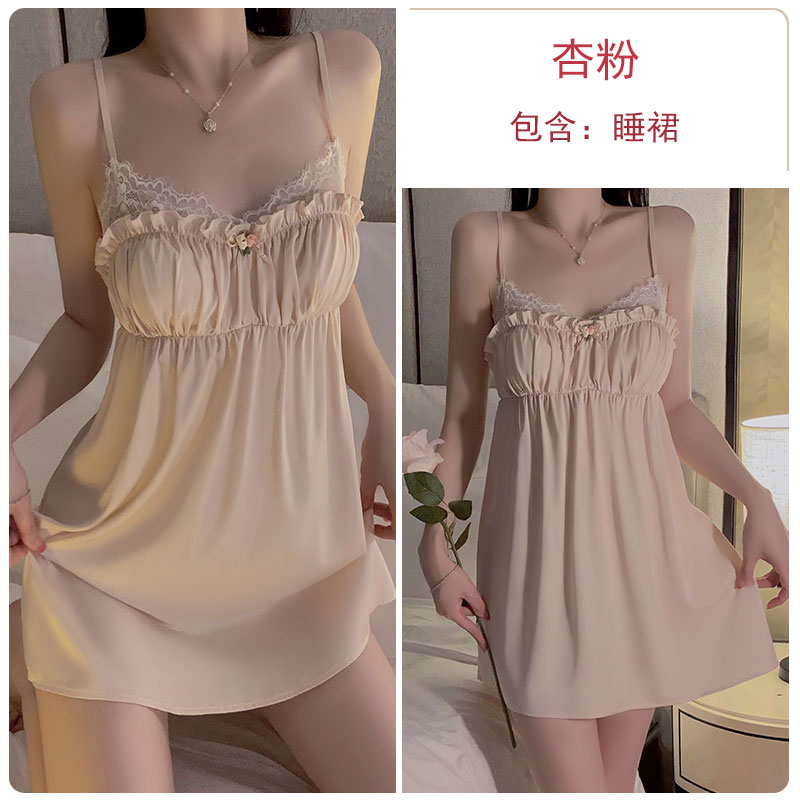 French pure lust style pajamas for women summer ice silk sweet lace with breast pads gathered sexy suspender nightgown home clothes