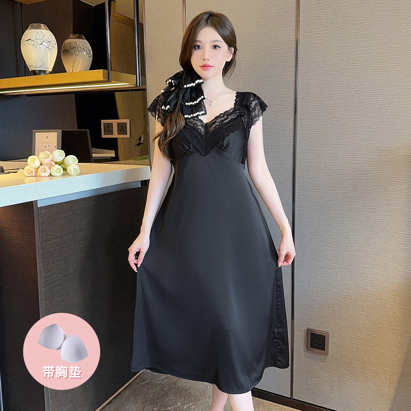 Sexy pajamas women summer ice silk light luxury palace extended style with chest pad lace suspender nightdress new spring and autumn style